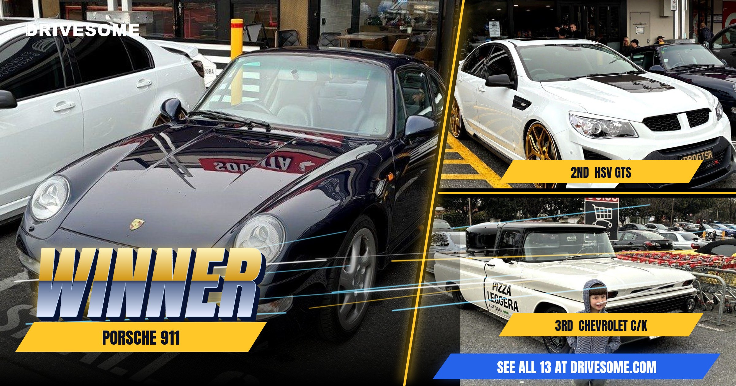 The votes are in. Your Cars, K9s & Coffee Virtual Car Show winners:

1st: Porsche 911 993 Carrera
2nd: HSV GTS VF HSV GT