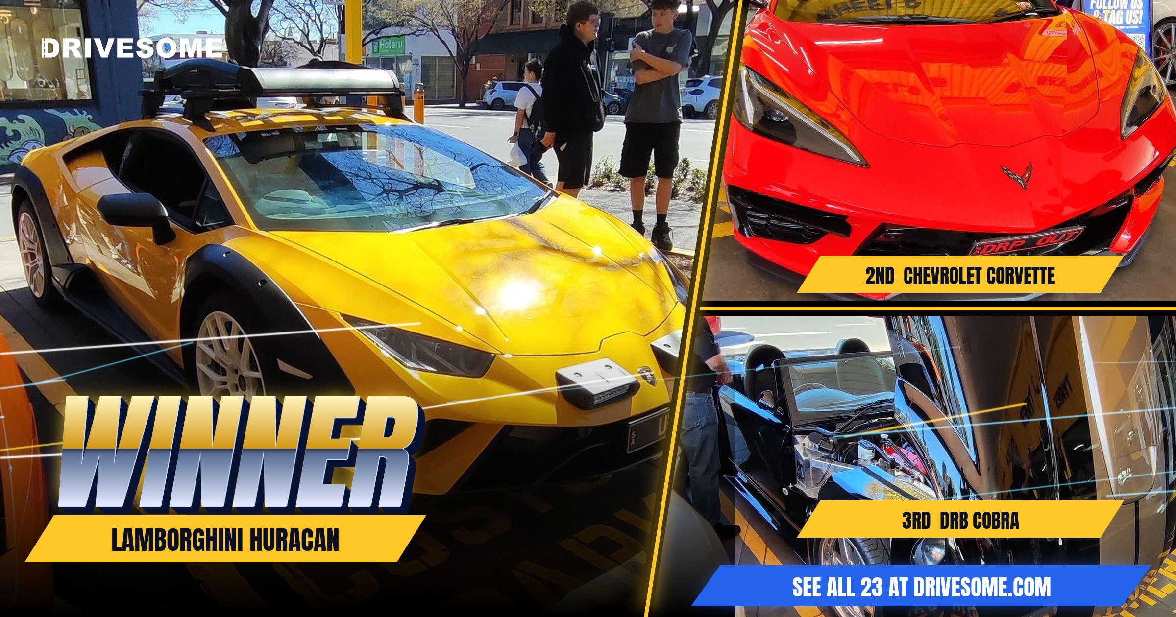 The votes are in. Your Community Car Meet Virtual Car Show winners:

1st: Lamborghini Huracan
2nd: Red Chevrolet Corvett