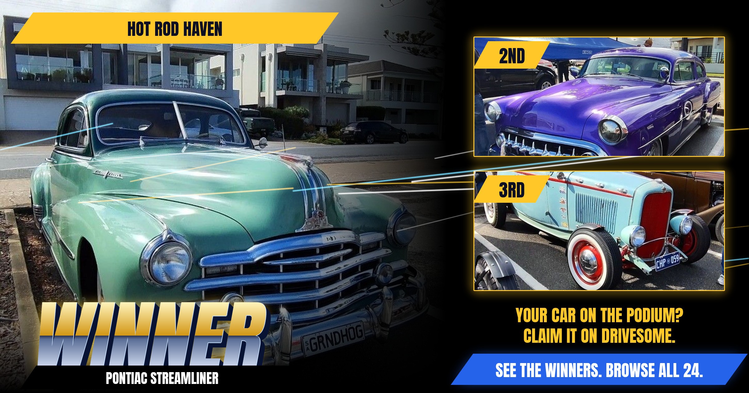 The votes are in. Your Hot Rod Haven Virtual Car Show winners:

1st: Green Pontiac Streamliner #2
2nd: Chevrolet coupe
3