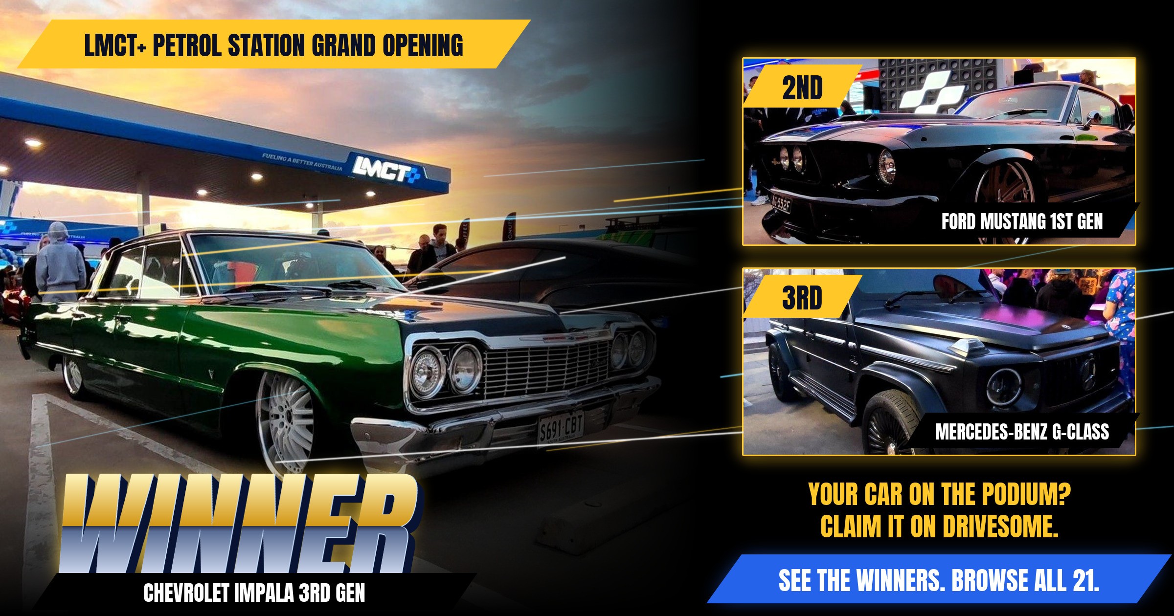 The votes are in. Your LMCT+ Petrol station grand opening Virtual Car Show winners:

1st: Chevrolet Impala 3rd Gen
2nd: 