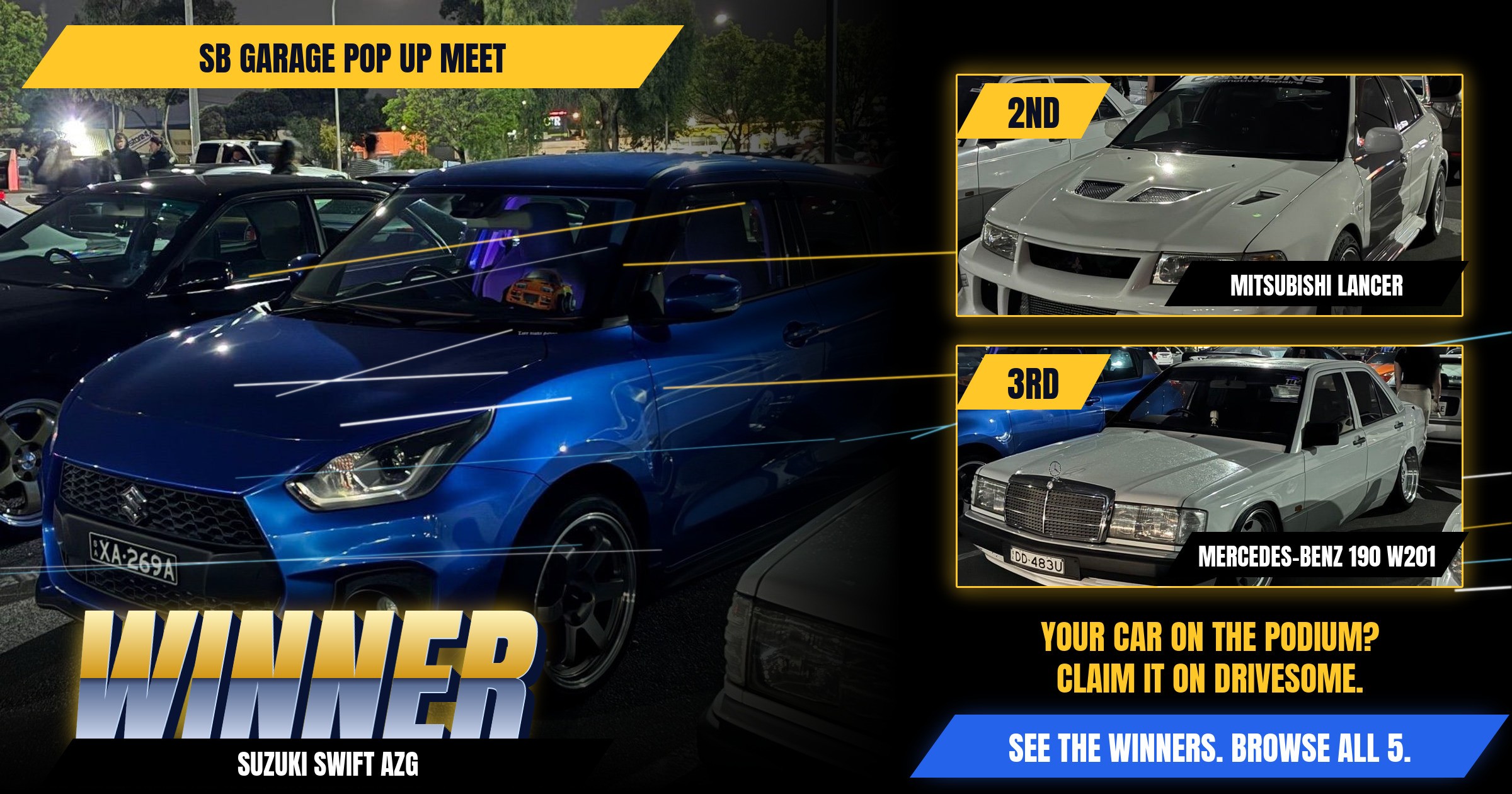 The votes are in. Your SB Garage Pop Up Meet Virtual Car Show winners:
1st: Suzuki Swift AZG
2nd: Mitsubishi Lancer Evo