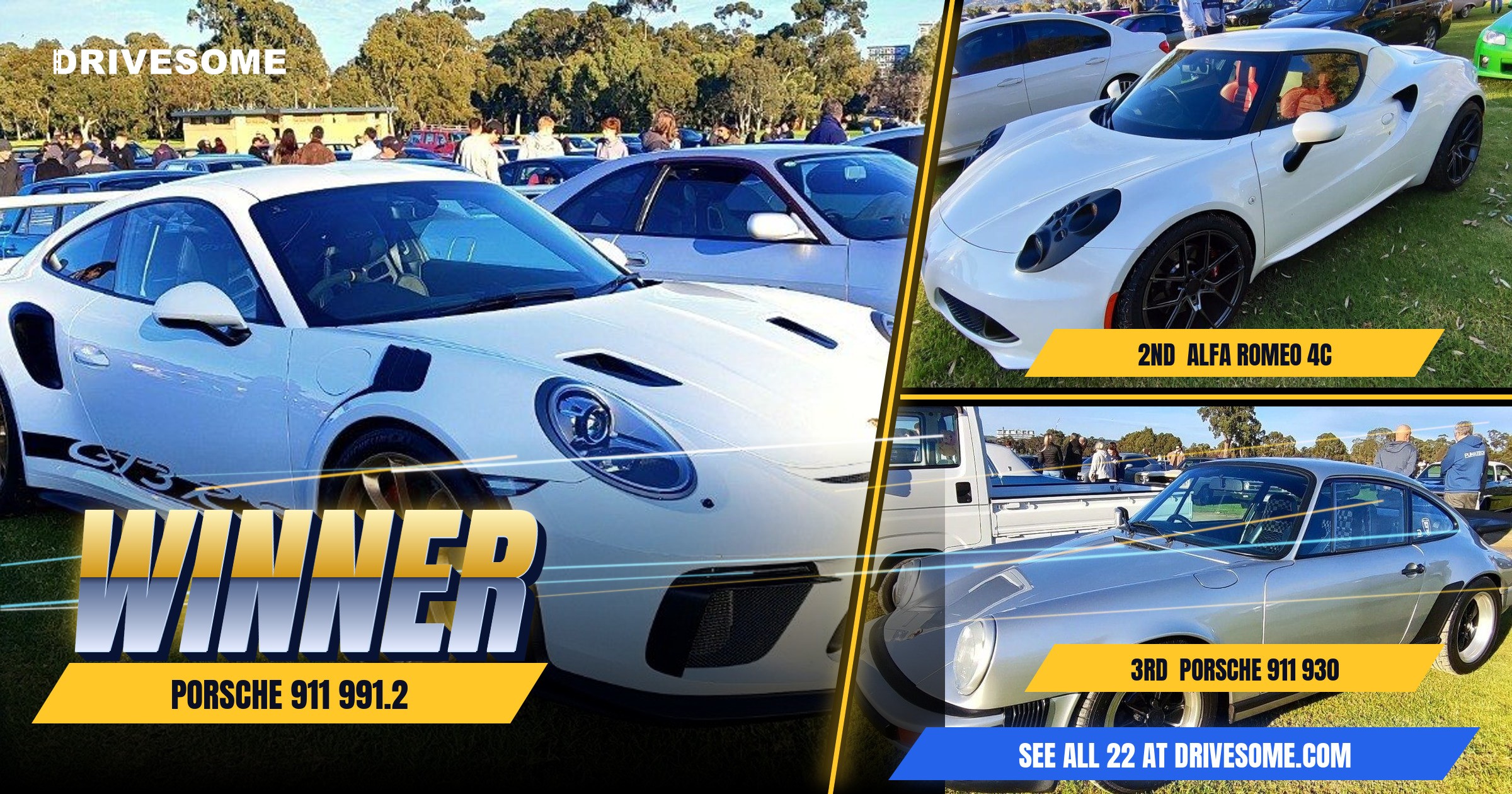 The votes are in. Your Vic Park Pitstop Virtual Car Show winners:

1st: Porsche 911 991.2 GT3 RS
2nd: Alfa Romeo 4C
3rd: