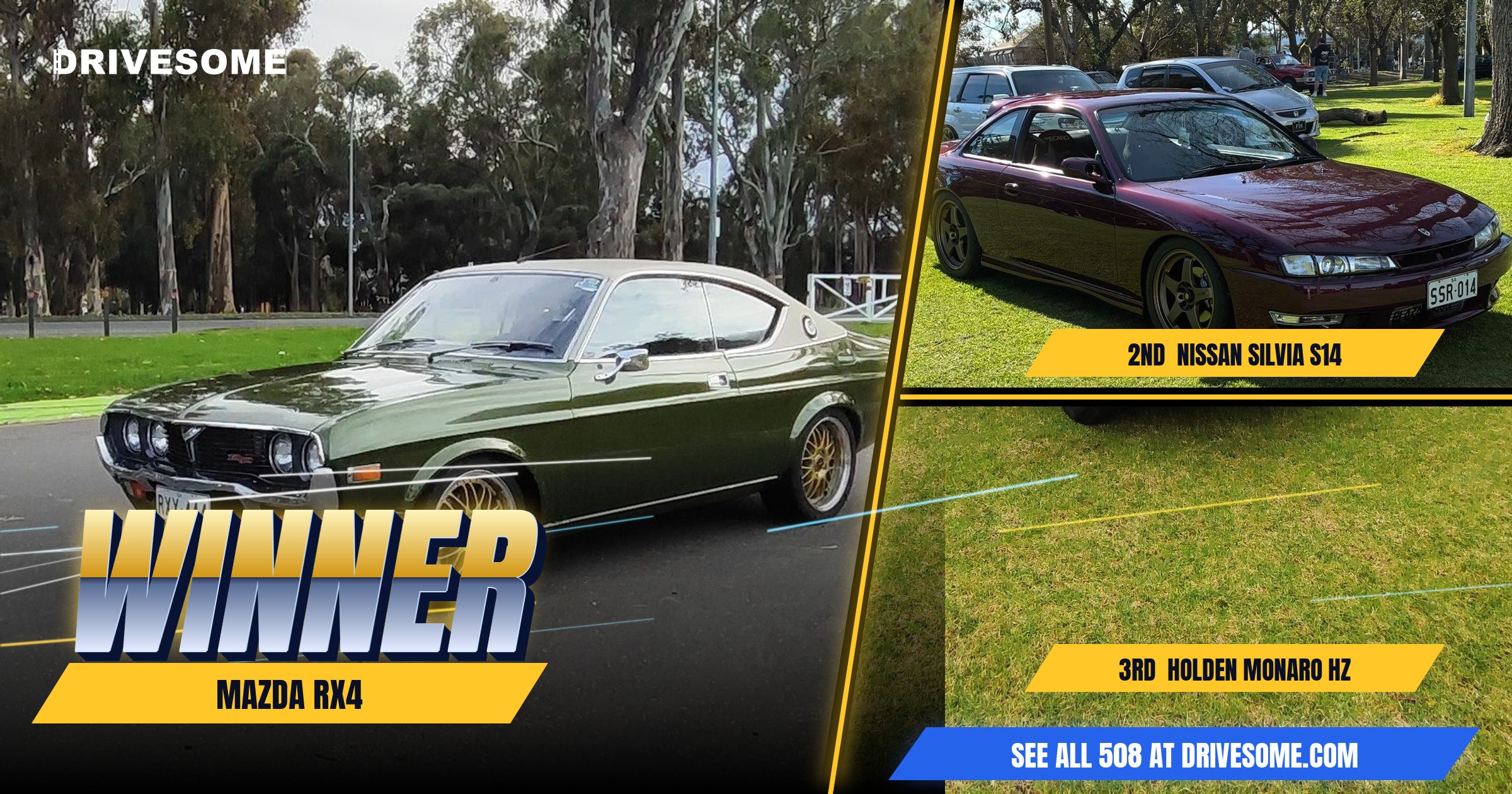 The votes are in. Your Vic Park Pitstop Virtual Car Show winners:

1st: Mazda RX4
2nd: Nissan Silvia #1
3rd: Holden Mona