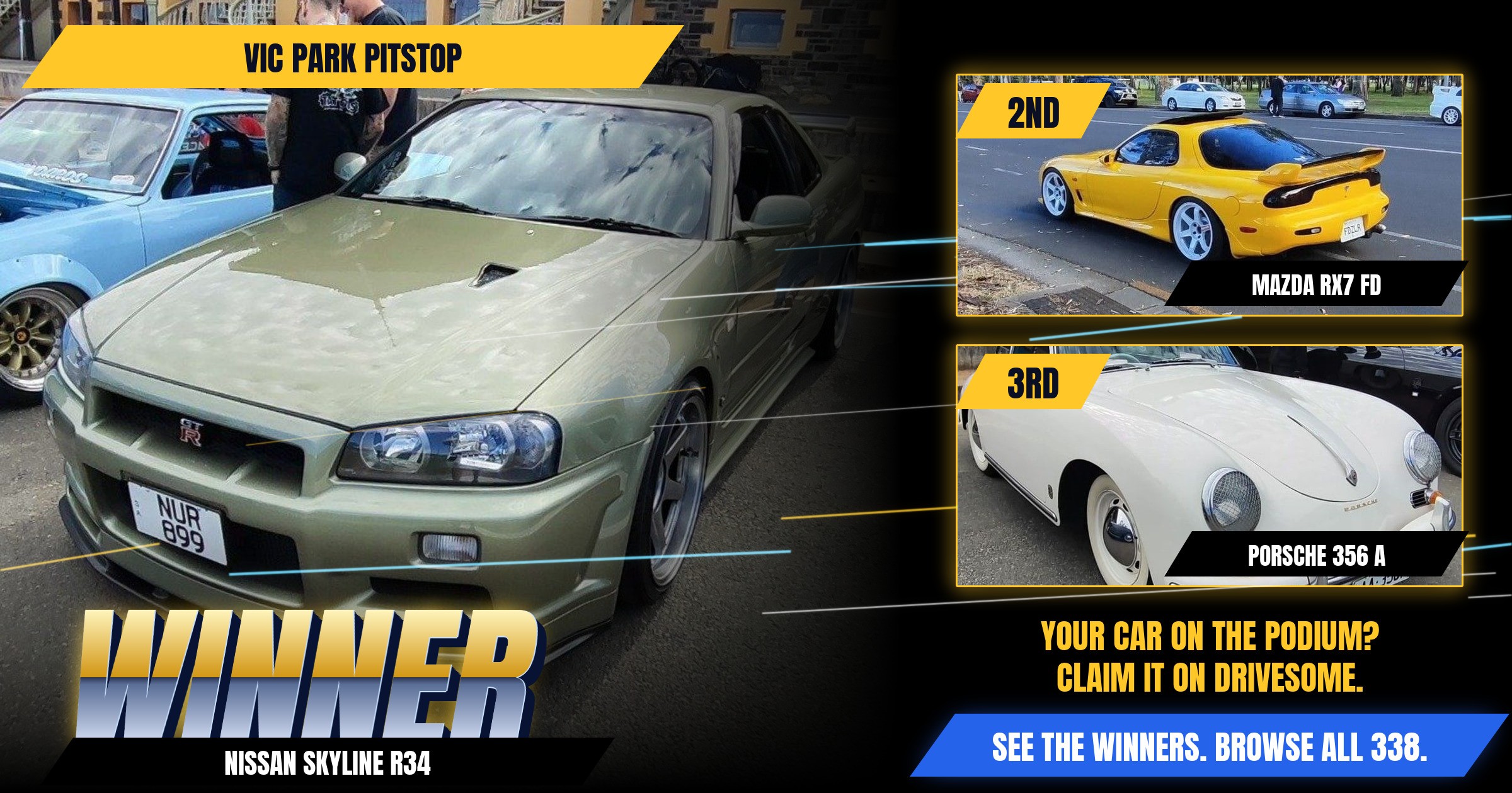 The votes are in. Your Vic Park Pitstop Virtual Car Show winners:

1st: Green Nissan Skyline R34
2nd: Yellow Mazda RX7 F