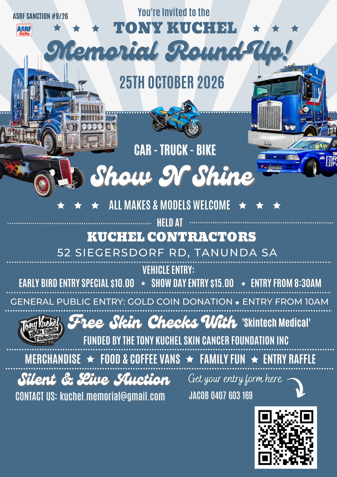 Tony Kuchel Memorial Round-Up
Sunday 25 October 2026 · 10:00 am
52 Siegersdorf Road, Tanunda South Australia 5352, Austr