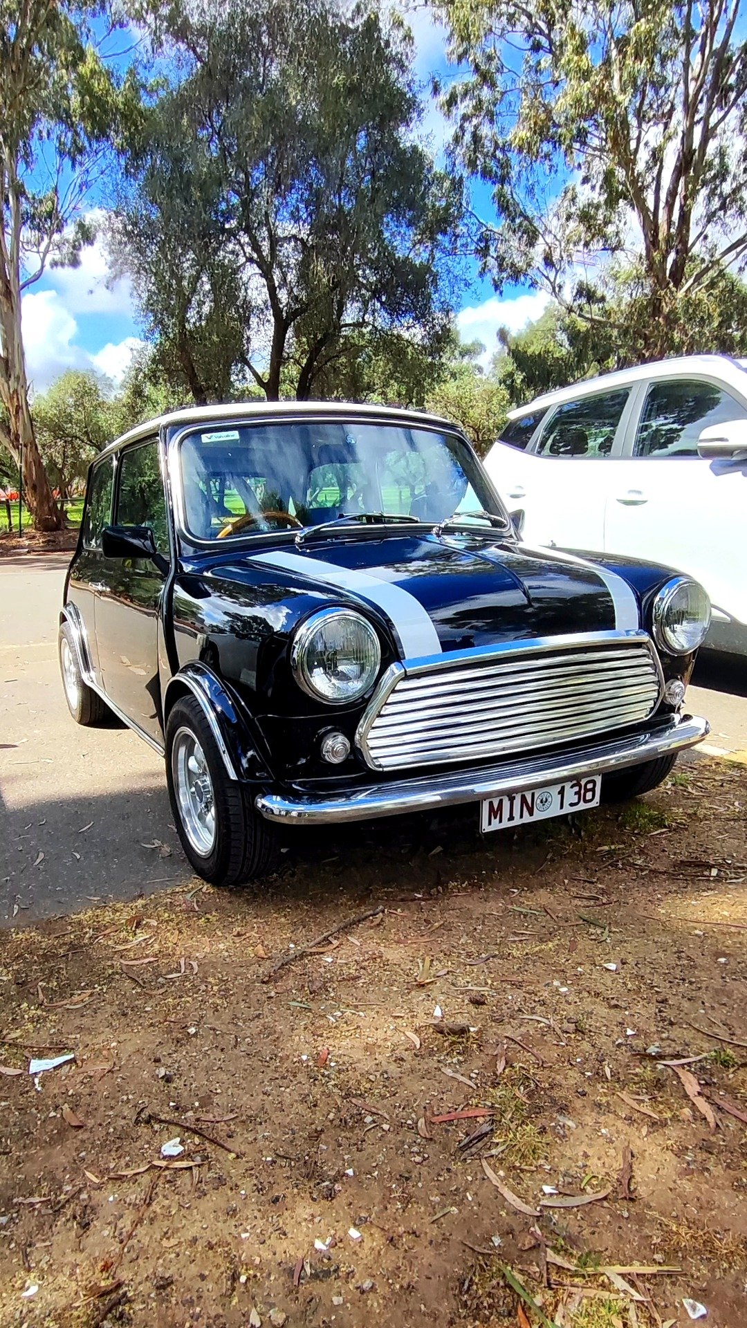 Cute little mini at the park. With a baby seat in it.