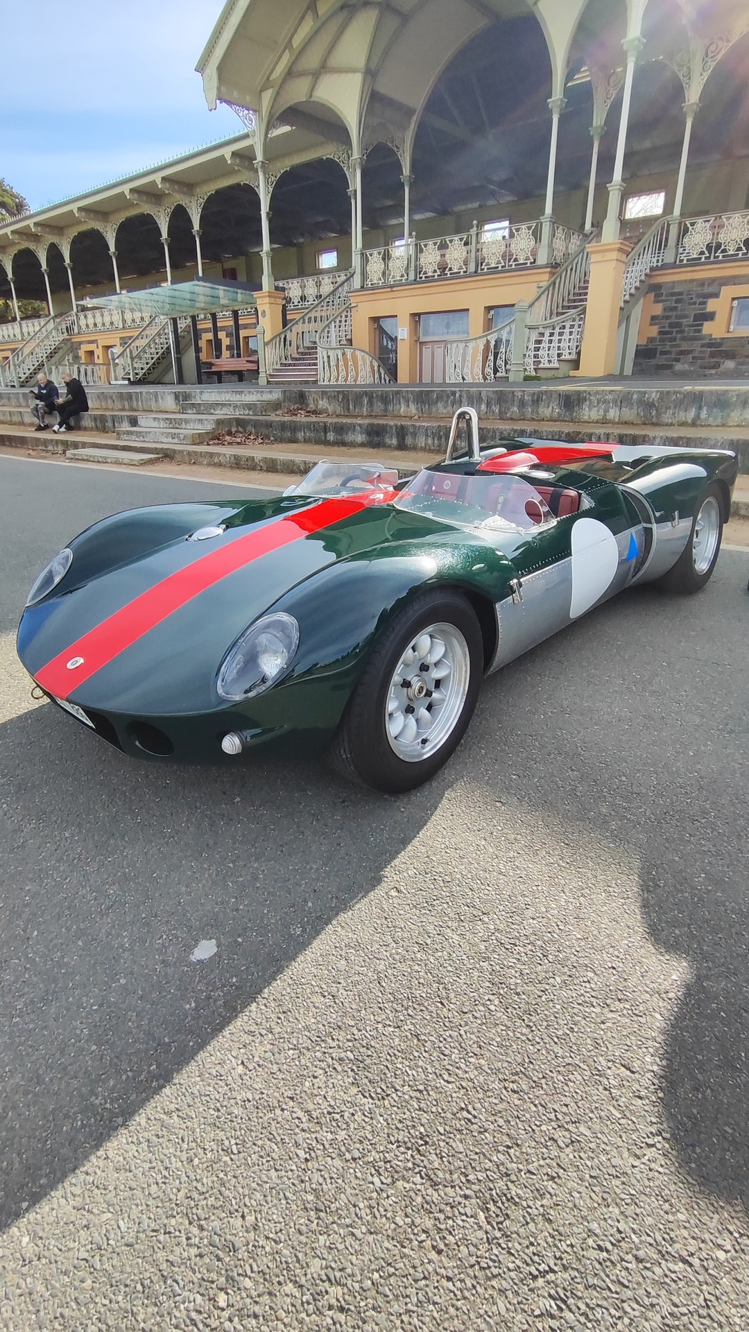 Vintage sports racer (British racing green, Lister/Cooper-Jaguar style replica) at Vic Park Pitstop, 16 August 2026.