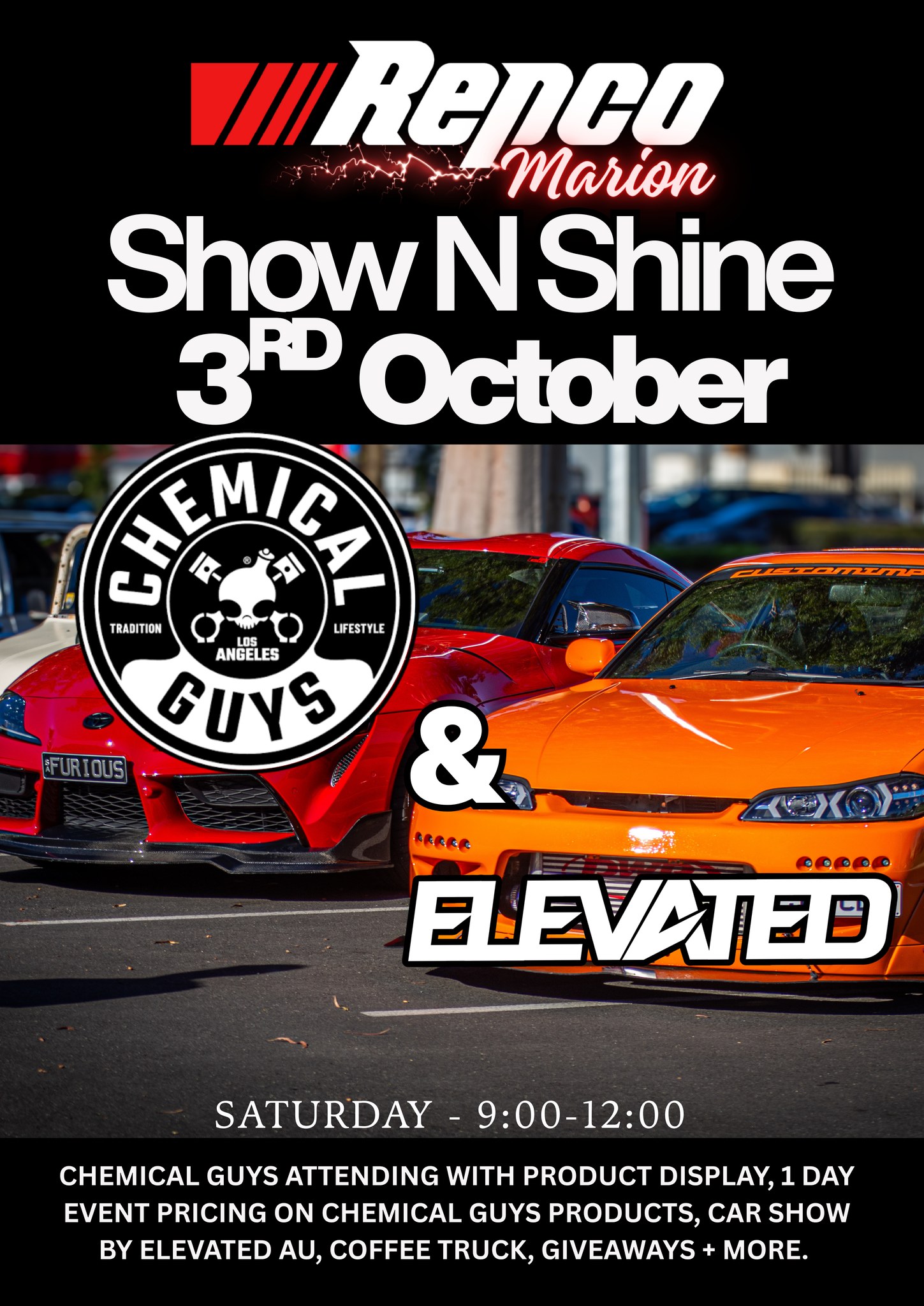 Elevated x Repco x Chemical Guys
Saturday 3 October 2026 · 9:00 am
933a Marion Road, Mitchell Park South Australia 5043,
